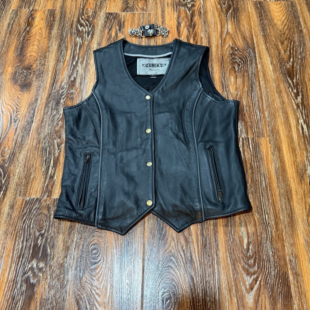 UNIK L Leather Motorcycle Vest Womens Black Embroidered Angel Wings Chain Detail
